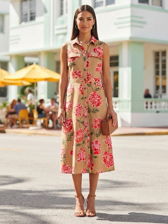 Banana Republic Dresses & Skirts - Banana Republic - Multicolor Tan Midi Shirt Dress with Red Floral Print